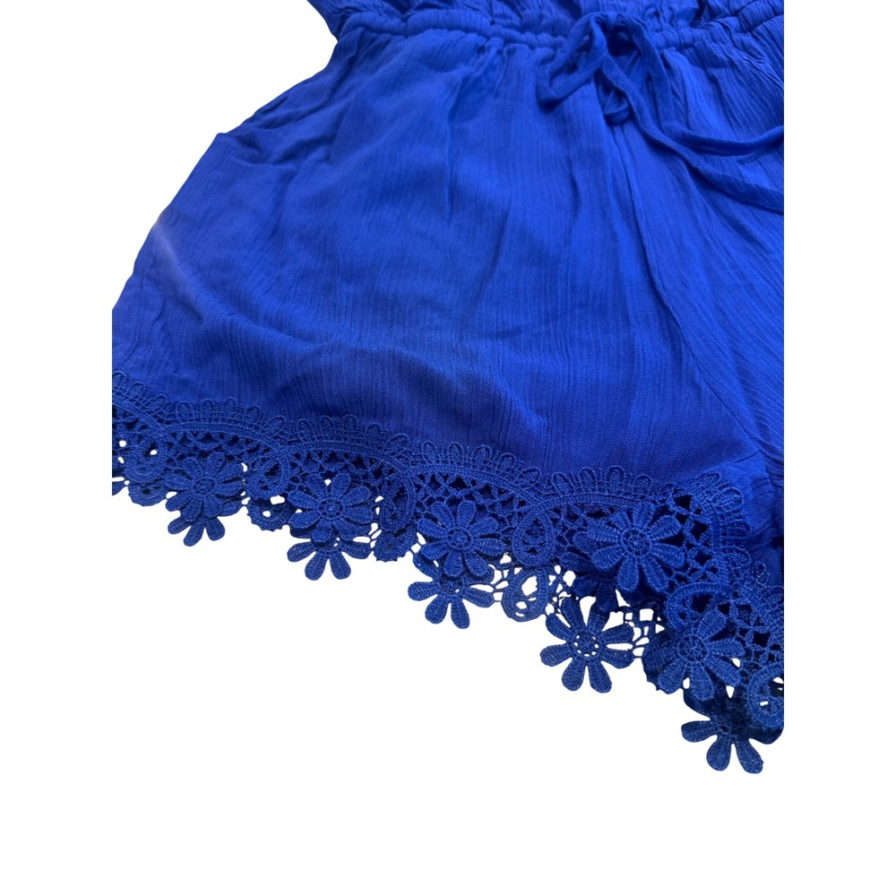 Shinestar Royal Blue Crochet Lace Trim Romper Womens Medium HD5325S Pockets NEW - Picture 5 of 12